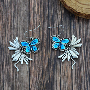 Blue Antique Silver Dangling Butterfly Earrings