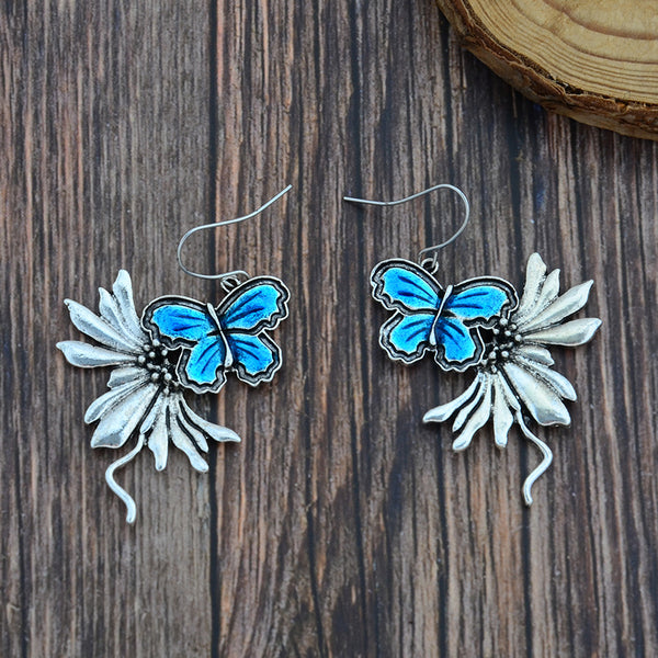 Blue Antique Silver Dangling Butterfly Earrings