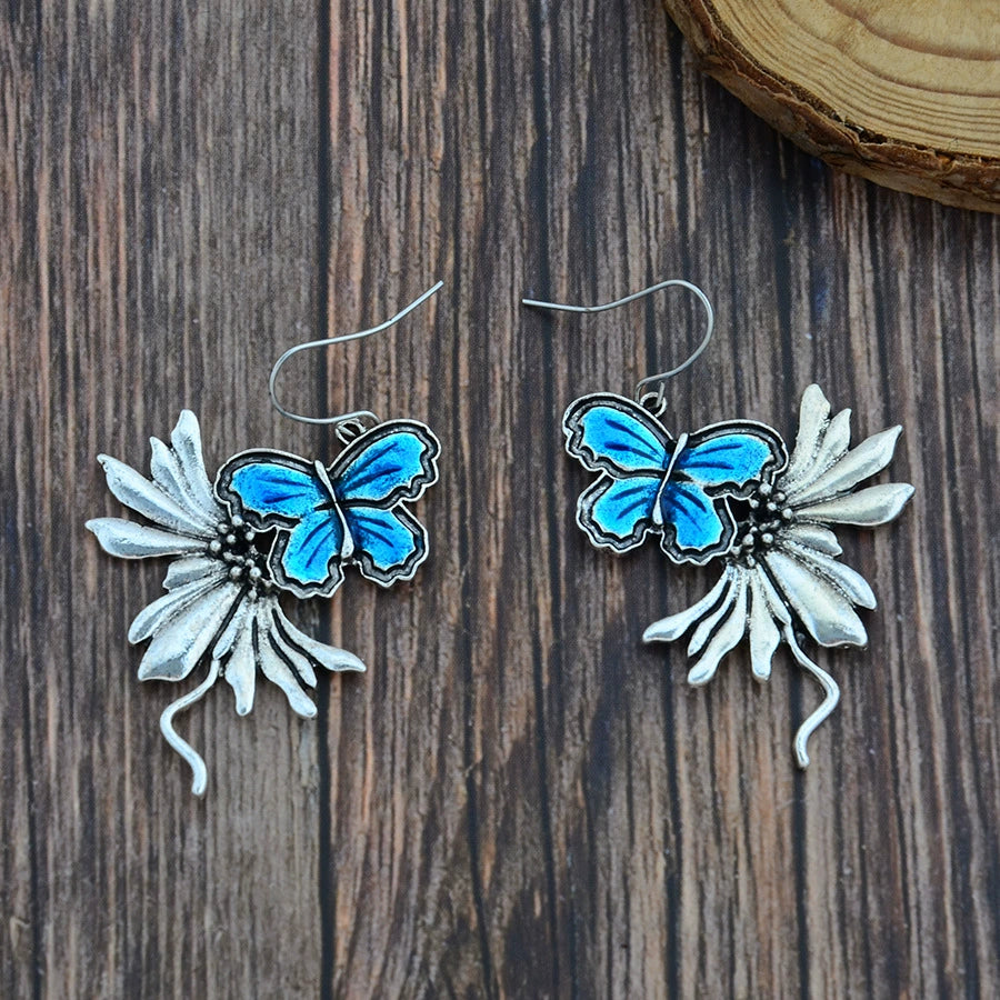 Blue Antique Silver Dangling Butterfly Earrings