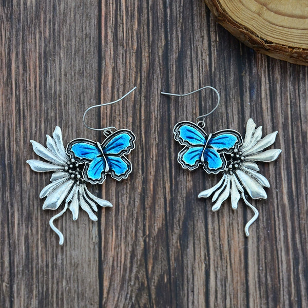 Blue Antique Silver Dangling Butterfly Earrings