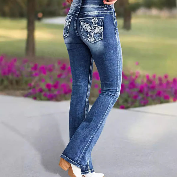 Cross-border exclusive for Amazon independent station new fashion versatile elastic and thin embroidered micro-pull pants jeans women