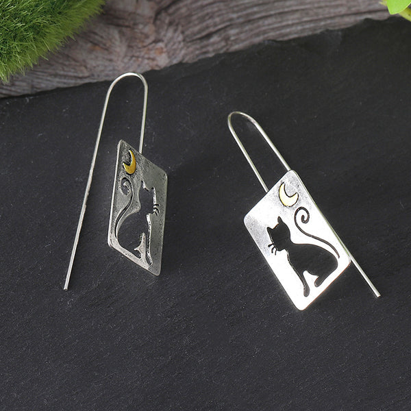 Cutout Cat Crescent Moon Dangle Earrings