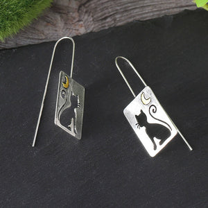 Cute Hollowed Out Cat Crescent Alloy Pendant Square Plaque Earrings