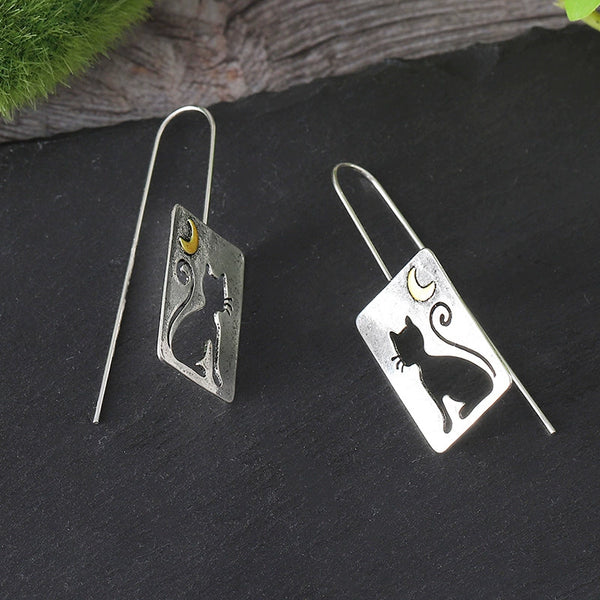 Cute Hollowed Out Cat Crescent Alloy Pendant Square Plaque Earrings