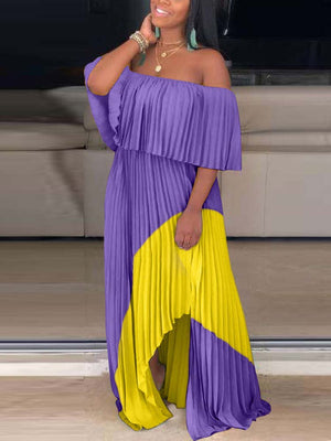 Off Shoulder Ombre Pleated Maxi Dress