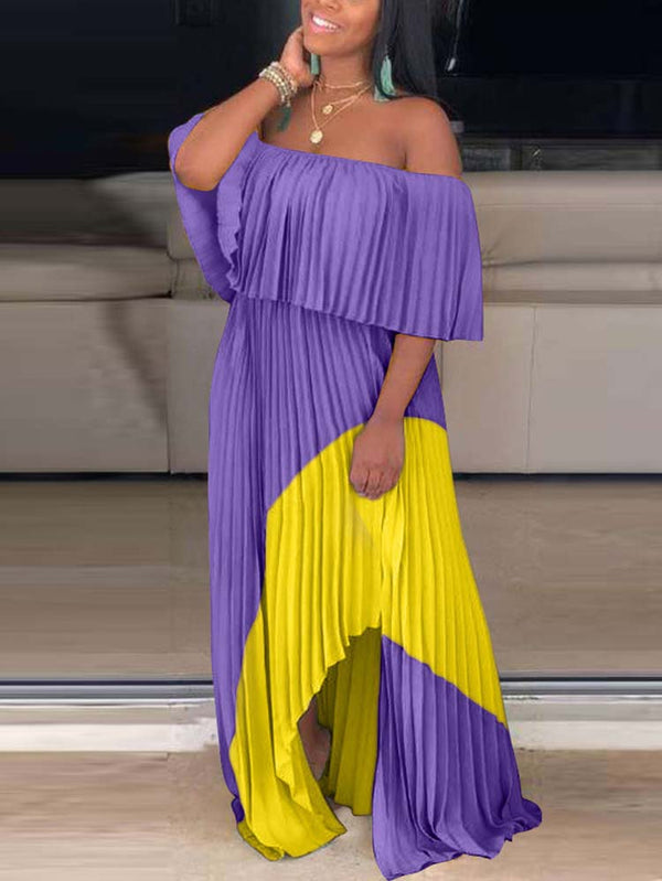 Off Shoulder Ombre Pleated Maxi Dress