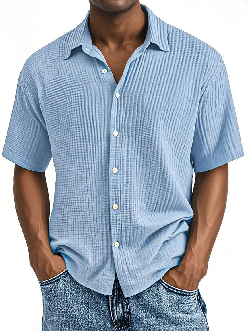 Men's Double-layered Wrinkled Fabric Casual Short Sleeved Shirt with Lapel Collar