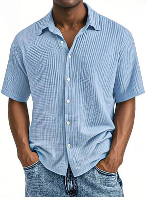 Men's Double-layered Wrinkled Fabric Casual Short Sleeved Shirt with Lapel Collar