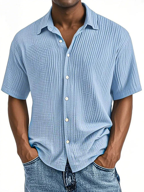 Men's Double-layered Wrinkled Fabric Casual Short Sleeved Shirt with Lapel Collar