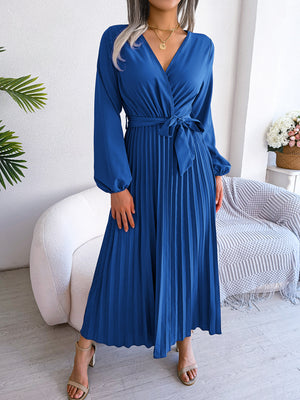 Temperament cross V-neck big swing pleated long dress