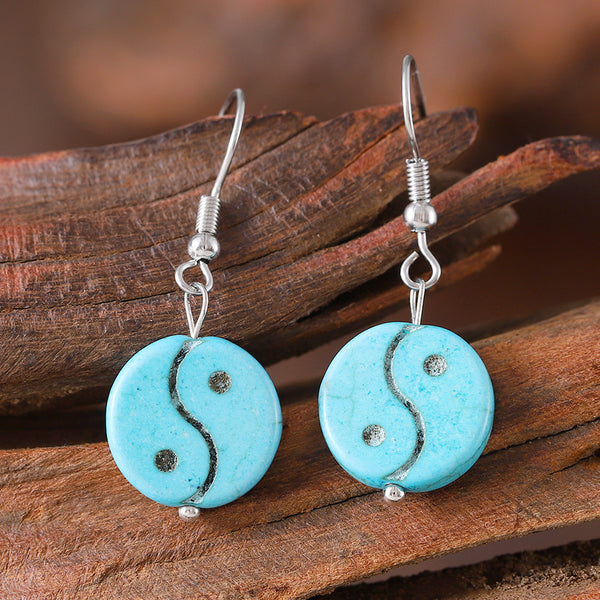Blue Turquoise Bagua Taiji Dangle Earrings
