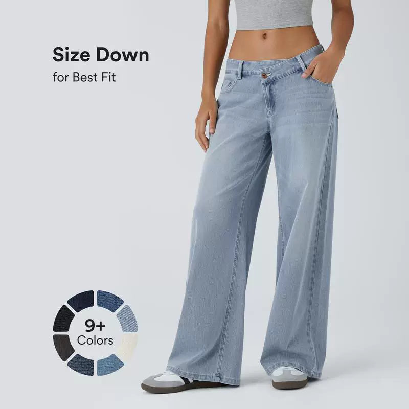 Asymmetric Low Rise Button Zipper Multiple Pockets Wide Leg Jeans