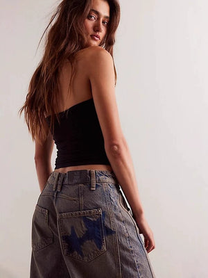 Women's Retro Low-Rise Non-Stretch Washed Printed Wide-Leg Curved-Leg Jeans