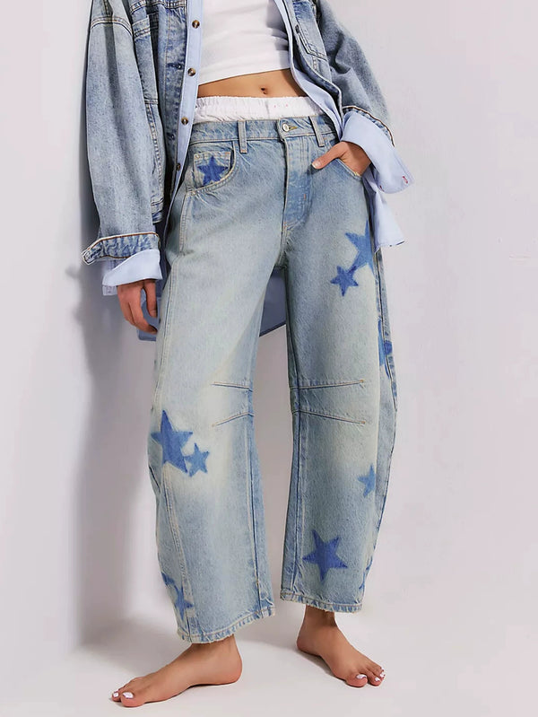 Women's Retro Low-Rise Non-Stretch Washed Printed Wide-Leg Curved-Leg Jeans