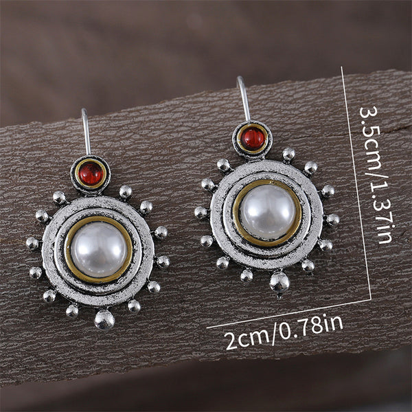 Vintage Round Pearl Flower Disk Earrings