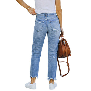 2022 new washed and worn fringed jeans women's Amazon Europe and America slim-fitting high-elastic small-footed denim trousers