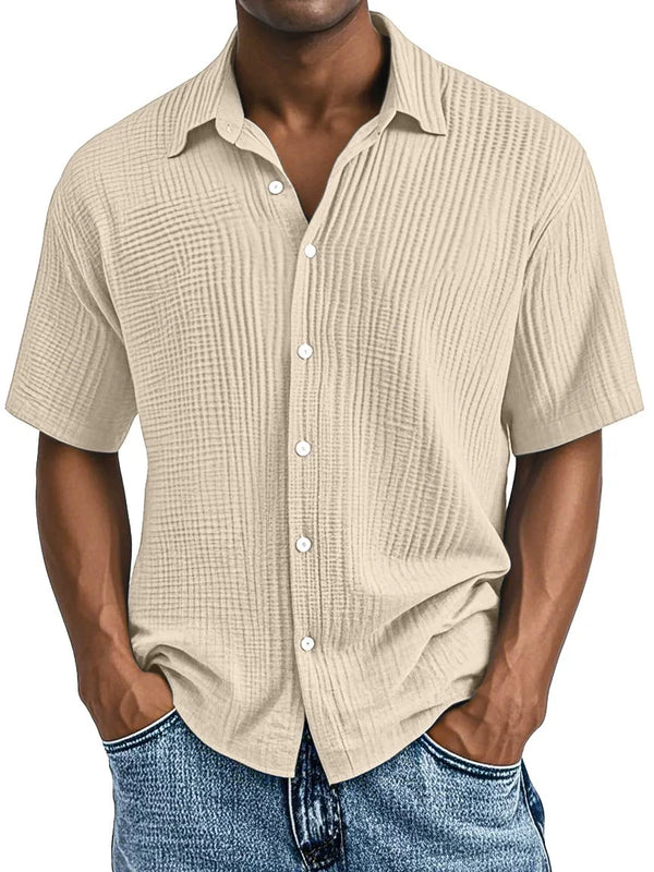 Men's Double-layered Wrinkled Fabric Casual Short Sleeved Shirt with Lapel Collar