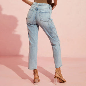 Jeans foreign trade spring and autumn new European and American high waist light blue ripped fit buckle nine-point jeans women