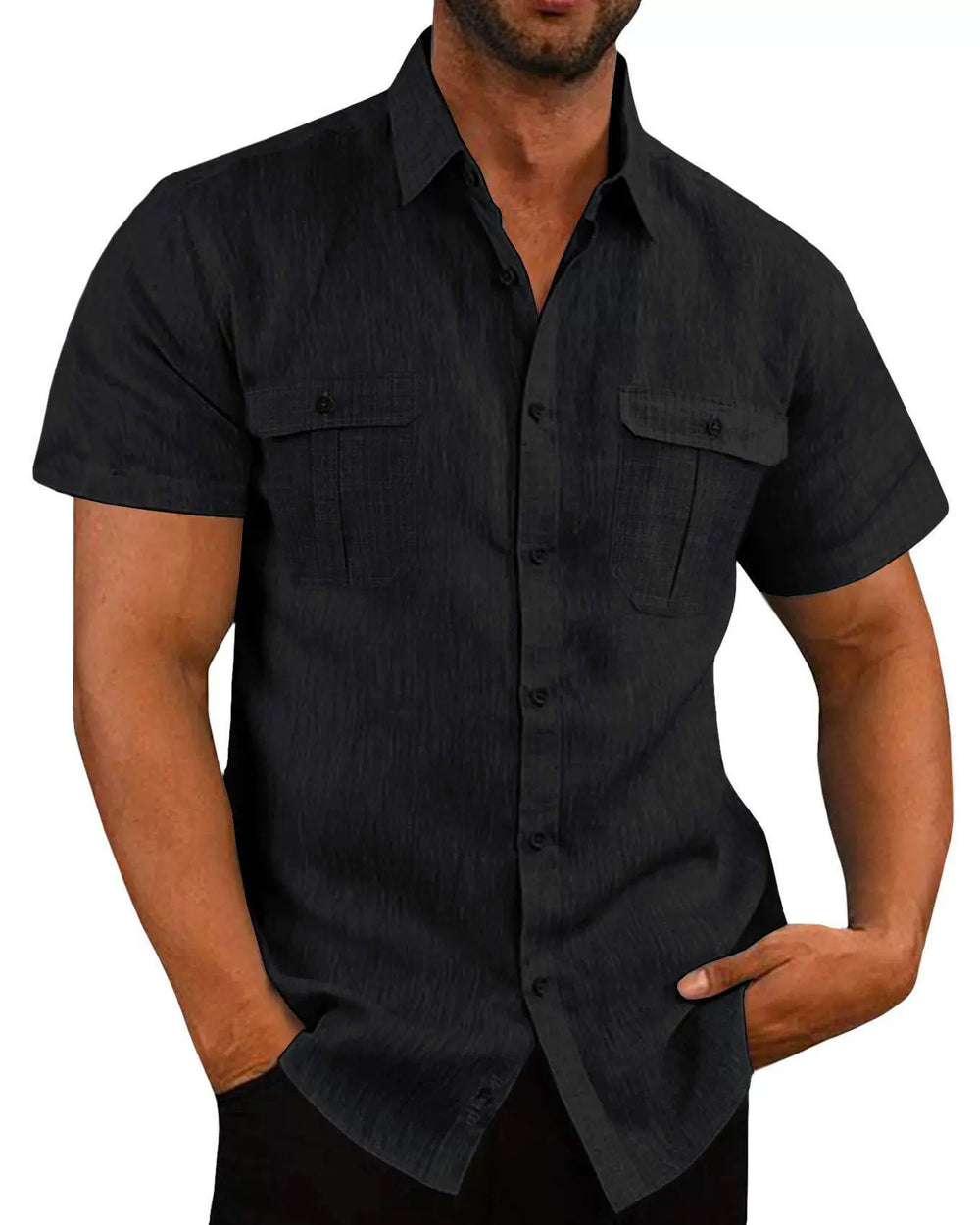 Men's Shirt Double Pocket Cotton Linen Short Sleeve Shirt Casual Vacation Shirt 7 Colors