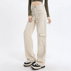 79-YT238 Amazon high waist straight overalls loose wide leg big pocket casual women's denim trousers