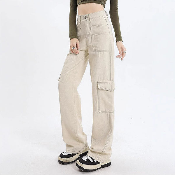 79-YT238 Amazon high waist straight overalls loose wide leg big pocket casual women's denim trousers
