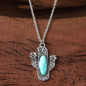Inlaid Turquoise Cactus Pendant Necklace