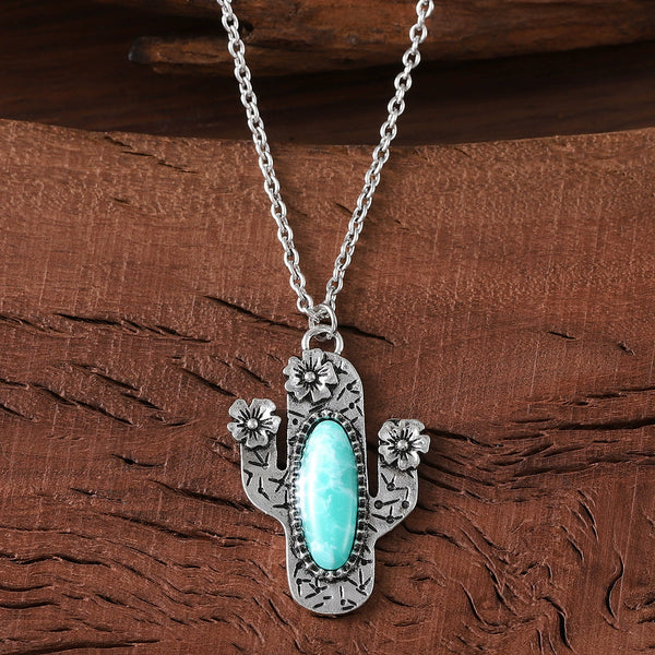 Inlaid Turquoise Cactus Pendant Necklace