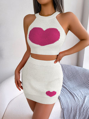 Casual love color clashing navel top wrap skirt set