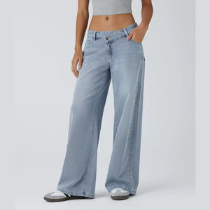 Asymmetric Low Rise Button Zipper Multiple Pockets Wide Leg Jeans