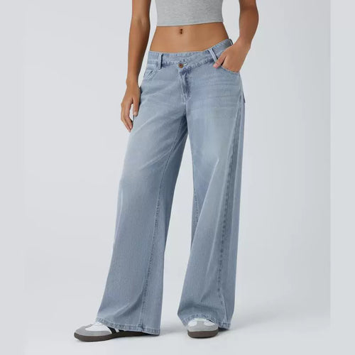 Asymmetric Low Rise Button Zipper Multiple Pockets Wide Leg Jeans