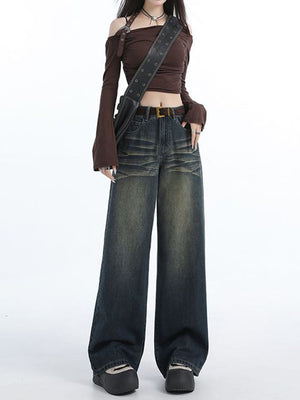 43-YT236 Amazon cross-border American retro Spice Girls women's fashion wide-leg pants straight pants denim trousers