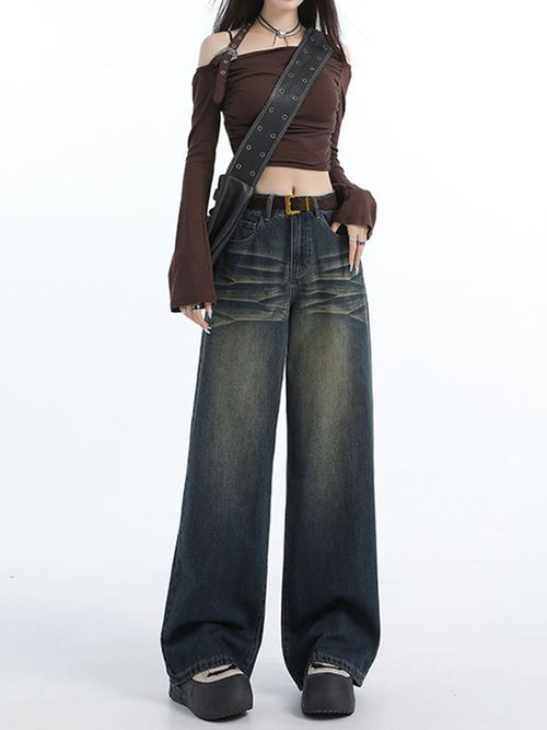 43-YT236 Amazon cross-border American retro Spice Girls women's fashion wide-leg pants straight pants denim trousers