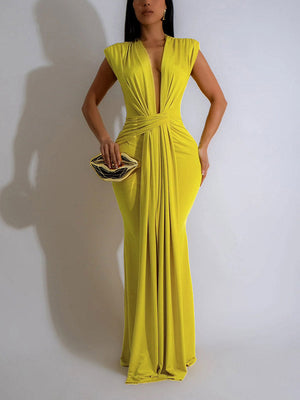 Elegant Plunge Draped Maxi Dress