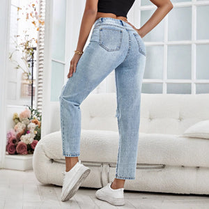 17-Spot-35832 #Amazon Cross-border Women's Clothing Europe and America INS Fashion Versatile Straight Ripped Denim Trousers