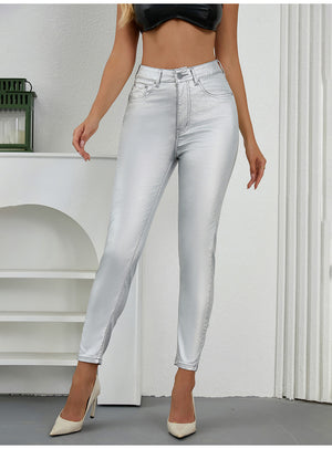 Elastic cross-border Amazon European and American women's imitation denim PU elastic tight multi-colored trousers, super hot