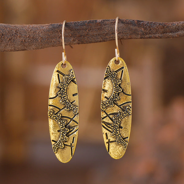 Vintage Ethnic Long Oval Gear Pattern Earrings