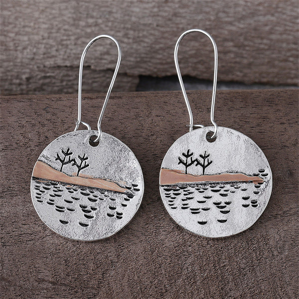 Simple Landscape Tree Round Earrings