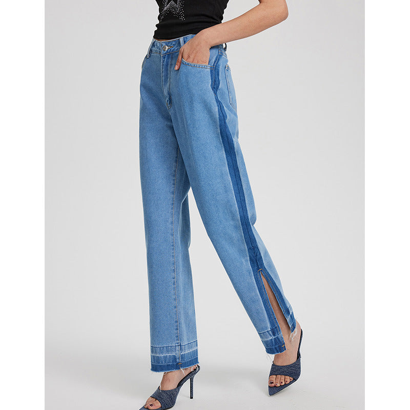 47-Spot 15160 #Cross-border Women's Clothing INS Fashion Retro Casual High Waist Pants Split Straight Denim Trousers