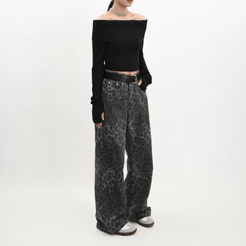 American retro leopard print jeans slim straight loose casual wide-leg pants