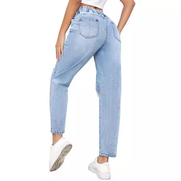 35 #Spot-35763 #Amazon Cross-border Women's Clothing European and American INS Trend Skinny Ripped Straight Denim Trousers