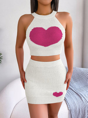 Casual love color clashing navel top wrap skirt set