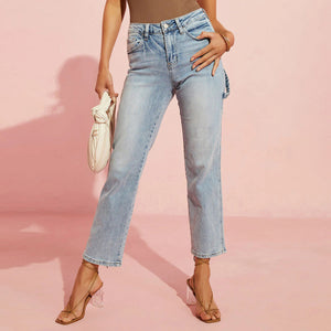 Jeans foreign trade spring and autumn new European and American high waist light blue ripped fit buckle nine-point jeans women