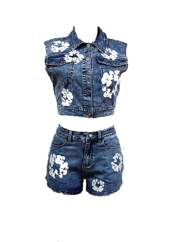 Floral Print Denim Shorts Set