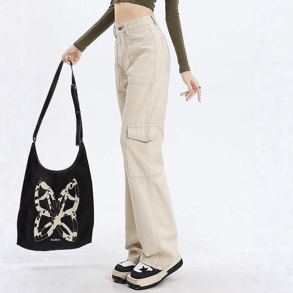 79-YT238 Amazon high waist straight overalls loose wide leg big pocket casual women's denim trousers