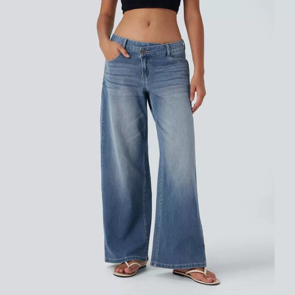 Asymmetric Low Rise Button Zipper Multiple Pockets Wide Leg Jeans