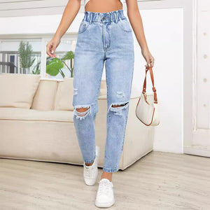 35 #Spot-35763 #Amazon Cross-border Women's Clothing European and American INS Trend Skinny Ripped Straight Denim Trousers