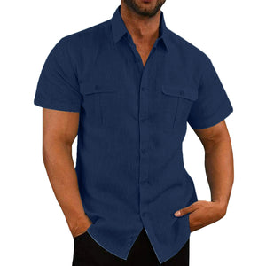 Men's Shirt Double Pocket Cotton Linen Short Sleeve Shirt Casual Vacation Shirt 7 Colors