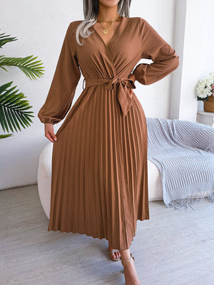 Temperament cross V-neck big swing pleated long dress