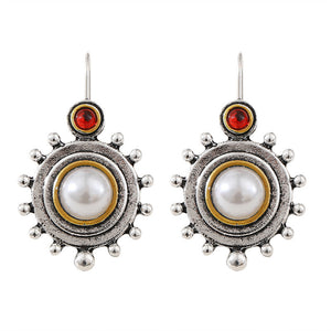 Vintage Round Pearl Flower Disk Earrings