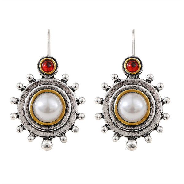 Vintage Round Pearl Flower Disk Earrings